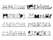Set of many cats looking out the window. Collection of cartoon cats peeking out the window. Funny peeking pets. Vector illustration on white background. Tattoo.