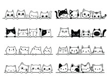 Set Of Many Cats Looking Out The Window. Collection Of Cartoon Cats Peeking Out The Window. Funny Peeking Pets. Vector Illustration On White Background. Tattoo.