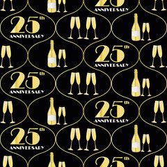 Wall Mural - 25 years anniversary celebration vector seamless Ogee pattern with hand drawn champagne bottles and glasses. Black and gold background. Fizzy drinks and 1920s font. Repeat for party, business event