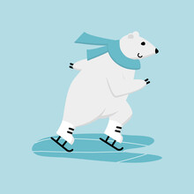 Polar Bear Ice Skating Training. Funny Cartoon Winter Sport Mascot
