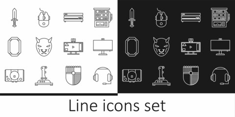 Canvas Print - Set line Headphones, Computer monitor, Video game console, Mask of the devil with horns, Poker table, Sword for, Live streaming online and mouse gaming icon. Vector