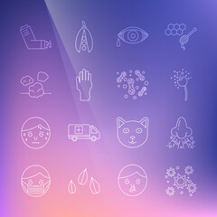 Sticker - Set line Bacteria, Runny nose, Flower producing pollen, Reddish eye allergic conjunctivitis, Hand with psoriasis or eczema, Dust, Inhaler and icon. Vector