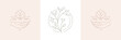 Set monochrome line art deco minimalist logo human hands with lotus flower, natural plant branch