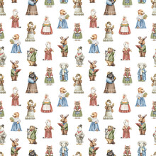 Watercolor Seamless Pattern With Vintage Animal Characters In Varied Clothes Isolated On White Background. Hand Drawn Illustration Sketch