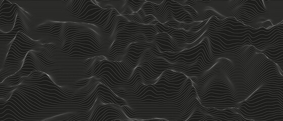 Poster - abstract background with distorted line shapes on a black background. monochrome sound line waves.