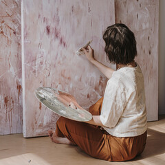 Elegant woman artist sitting on the floor in studio with sunlight shadows and painting abstract artwork