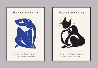 Matisse Abstract Art Set, Blue Nude, Blue Woman, Black Cat Print, Minimalist Art, Illustration Poster.Collection for decoration. Vector all isolated. Set of abstract trendy creative art.