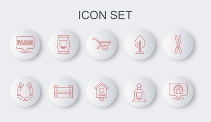 set line location farm house, horseshoe, wheelbarrow, full sack, fertilizer bag, wooden box and bird