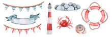 Watercolor Marine Set. Nautical Illustrations. Lighthouse, Stones, Shell, Crab, Life Circle, Garland. Sea And Ocean. Isolated On White Background.