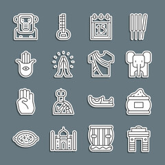 Poster - Set line India Gate in Delhi, Indian spice, Elephant, Independence day, Hands praying position, Hamsa hand, Monkey and man dress icon. Vector