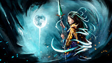A Girl With Long Glowing Hair Holds A Sharp Magic Spear In Her Hands. She Wears A Golden Dragon Skin, And Magic Sparks Fly In The Air. A Bright Blue Moon Shines On The Sharp Rocks Of The Cave.2d Art