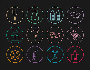 Sticker - Set line Church building, Branch viburnum, Two towers Dnipro, Scythe, Ukrainian cossack, Garden pitchfork, Glass with vodka and Cossack pants icon. Vector