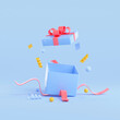 3d open gift box, minimal surprise package on blue background. 3d render illustration