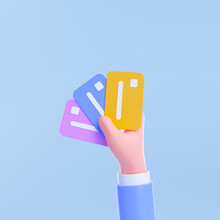 3d Handhold Three Different Credit Cards, Card Payment, Credit Card Accept, Cashless Society Concept. 3d Render Illustration