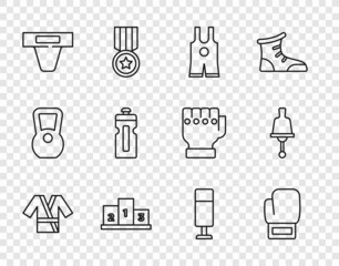 Sticker - Set line Japanese costume Kimono, Boxing glove, Wrestling singlet, Award over sports winner podium, Groin guard, Fitness shaker, Punching bag and Ringing bell icon. Vector