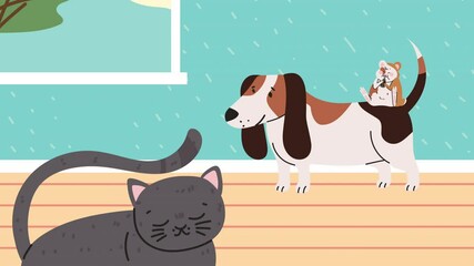 Wall Mural - dog with cat and hamster animation