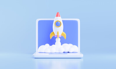 Rocket launch on laptop, flying rocket icon, business startup project concept. 3d render illustration