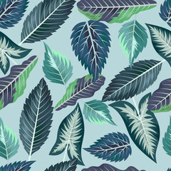  Seamless pattern with tropical beautiful leaves exotic background.
