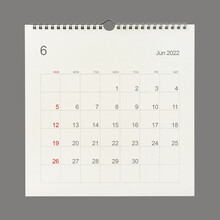 June 2022 Calendar Page On White Background. Calendar Background For Reminder, Business Planning, Appointment Meeting And Event.