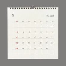 September 2022 Calendar Page On White Background. Calendar Background For Reminder, Business Planning, Appointment Meeting And Event.