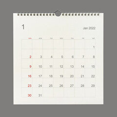 Wall Mural - January 2022 calendar page on white background. Calendar background for reminder, business planning, appointment meeting and event.