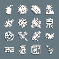 Sticker - Set line Vintage pistols, USA map, Barbecue grill, Hotdog sandwich, Firework, Cannon, Beer pong game and Medal with star icon. Vector