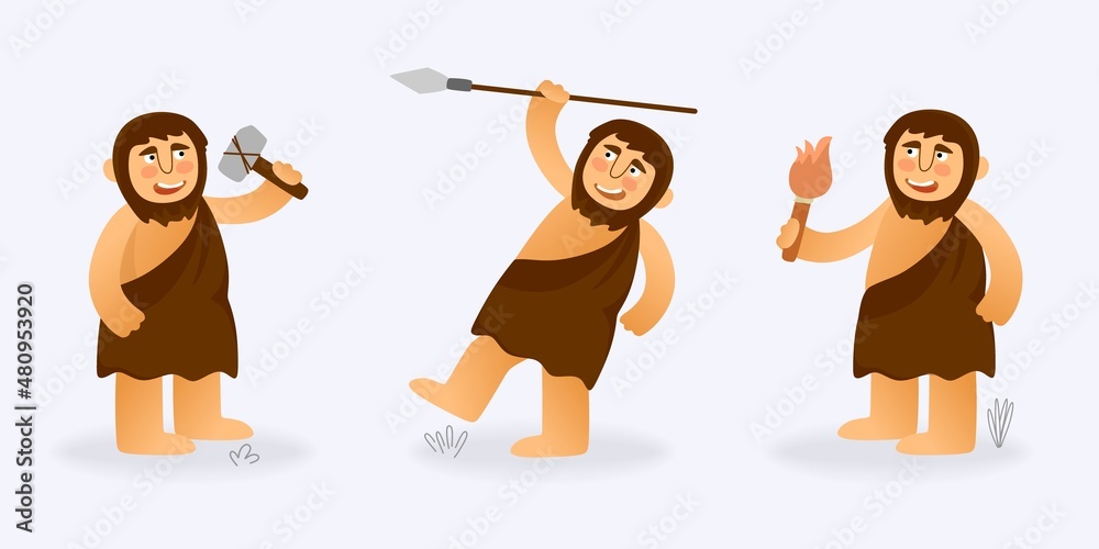 Primitive man set in different poses in the hand-drawn cartoon style ...