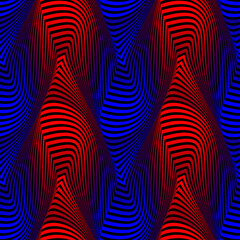 Wall Mural - Vector moire seamless pattern of red blue gradient stripes on black. Creative colorful texture for wallpaper design.