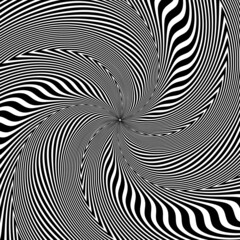 Op art spiral pattern of swirling wavy black lines. Twisted striped background design.