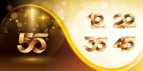 Set of 10 to 50 years Anniversary logotype design, Celebrating Anniversary Logo. Gold Twist Infinity Three line ribbon