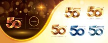 Set Of 50th Anniversary Logotype Design, Fifty Years Anniversary Celebration Logo. Twist Infinity Multiple Line Golden