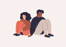 Depressed People. Sad Man And Woman Sit Back To Back And No Speak. Couple On The Brink Of Divorce. Friends Quarrel And Misunderstand. Relationship Break Up And Family Crisis. Vector Illustration