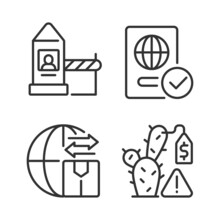 Borders Control Measures Linear Icons Set. Contraband Prevention. Illegal Trade. Customizable Thin Line Contour Symbols. Isolated Vector Outline Illustrations. Editable Stroke. Pixel Perfect
