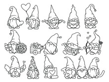 Set Of Valentine's Garden Gnomes. Collection Of Lovely Gnomes With Hearts. Gnome Couple With Funny Hats. Romantic Cute Elves. Illustration Of Holidays Dwarf. Love Symbol.
