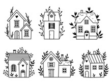 Set Of Different Little House. Collection Of Scandinavian Houses With Tree, Laurel Branch. Logo For Realtors. Vector Illustration Of Tini House On A White Background.