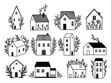 Set Of Different Little House. Collection Of Scandinavian Houses With Tree, Laurel Branch. Logo For Realtors. Vector Illustration Of Tini House On A White Background.