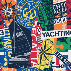 Vintage nautical style marine sailing elements vector seamless pattern patchwork 