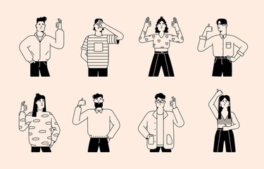 People gesturing OK with hand. Happy men and women showing okay sign with fingers. Line art style characters with thumbs up, expressing approval, saying yes. Isolated flat vector illustrations