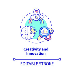 Wall Mural - Creativity and innovation concept icon. Business management skills abstract idea thin line illustration. Isolated outline drawing. Editable stroke. Roboto-Medium, Myriad Pro-Bold fonts used