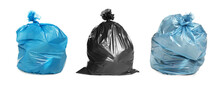 Set With Trash Bags Filled With Garbage On White Background. Banner Design