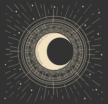 Mystical Boho Card With Shining Golden Crescent Moon On The Night Sky, Vintage Design. Vector Lineart Illustration, Poster On A Black Background.