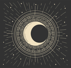 Wall Mural - mystical boho card with shining golden crescent moon on the night sky, vintage design. vector linear