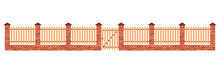 Brick-wooden Fence. Brick-wooden Gate. Barrier For Garden, Farm And House. Fence With Door For Enclosure And Protection. Wood Or Stone Wall For Boundary Of Yard. Vertical Partition. Vector