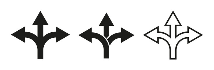 Arrow way icon with three options of road. Choice of pathway. Choose of decision in split of direction. Crossroad, uncertainty and choice opportunity. 3 directions on junction. Vector