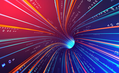 Poster - Protected data. Vortex data flow technology. Cyberpunk funnel 3D illustration. Information flow in abstract cyberspace. Big data and cybersecurity