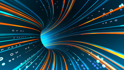 Poster - Protected data. Vortex data flow technology. Cyberpunk funnel 3D illustration. Information flow in abstract cyberspace. Big data and cybersecurity