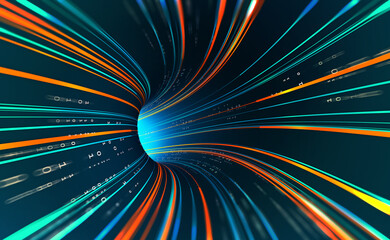 Fototapete - High-speed data flow, information processing. Big data analytics. Inside the internet cable. Digital funnel of encoded data. Cyberspace gate 3D illustration