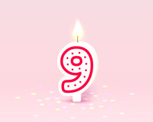 Happy Birthday Years Anniversary Of The Person Birthday, Candle In The Form Of Numbers Nine Of The Year. Vector