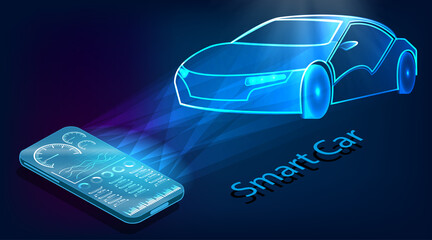 Poster - Abstract image of a smart or intelligent car in which all processes are controlled from a mobile phone in the form of neon lights. Futuristic car technology.