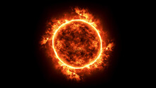 4K Resolution, Full Sun Surface Loop View With Solar Flares On A Black Background And Copy Space On Black Background, Global Warming Concept. Abstract Scientific In Universe Background.